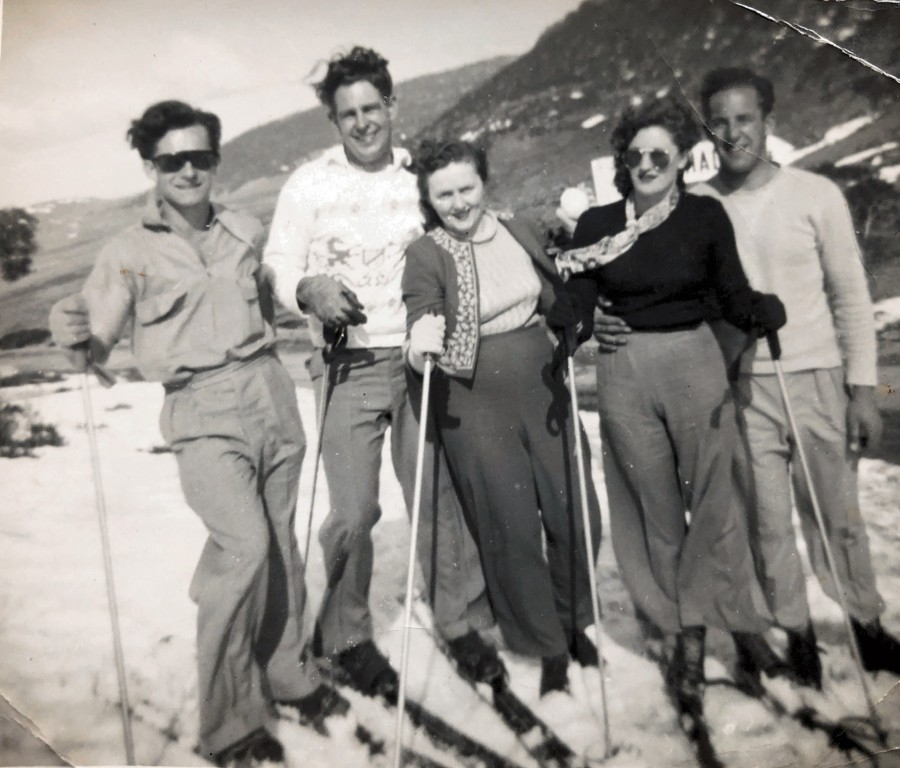 Harry Jones, Barbara and Rex Mahony and friends on a skiing trip 