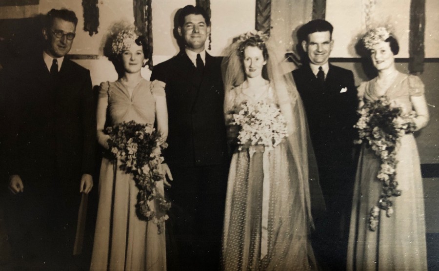 Wedding of Michael Molloy and Molly Scott - August 3rd, 1940 (L to R John McGuiness, Winifred, Dad, Mum, Mr Faucet, Aunty Pat)