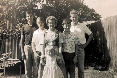 Family photo, taken in our backyard in Haberfield (by Dad). (L to R) Tony, Judith, Molly (Mum), Michael, Christopher and Margaret (front)