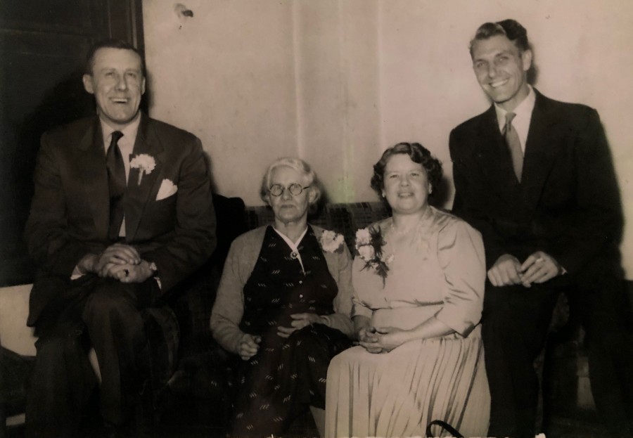 Auntie Nellie with her Mum and brothers Albert and Harold, celebrating her 'Silver Wedding' in 1958