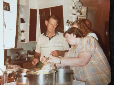 Christmas Day. Cooking Gertrude Ridge’s Pudding Recipe. Left to right. Rex Mahony, Teri Browning, Cheryl Hansen.