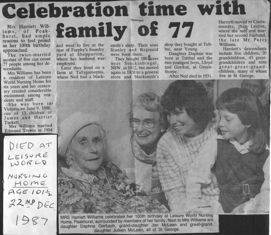 Newspaper article about Harriet turning 100