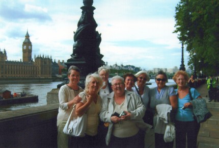 Trip to London for a Reunion with school friends from Stockport - L to R Joan, Mary, Ann, Pat, Kath, Me, Kath and Kath.