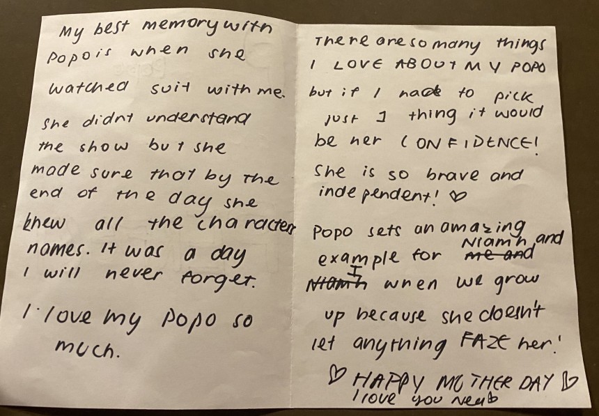 Mother's Day Card From Nell to Popo (Pek-Lin), 2020