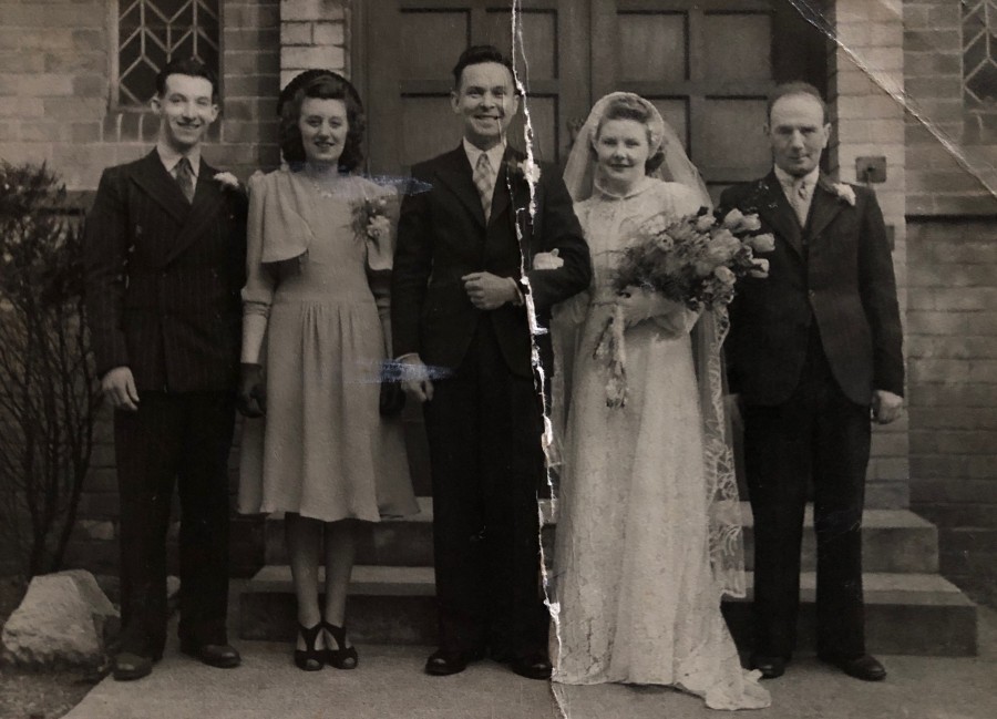 The wedding of Edna Newell & James Tickle. To the left of the photo are my Mum, Dad. Edna's brother is on the right. 
