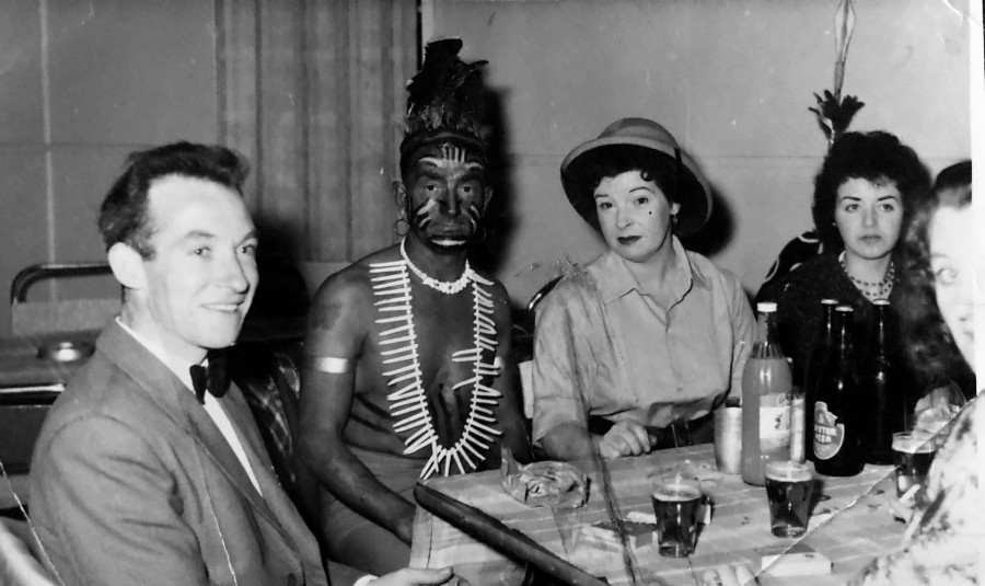 Mary, Ernie Kiernan (‘Out of Africa’ maybe?). Dad on the left, me in the background. Mum on the far right. These photos are taken at a fancy dress party at Finsbury Hostel, Adelaide around 1961. Dad went as Stan Laurel. The camp manager as Oliver Hardy.