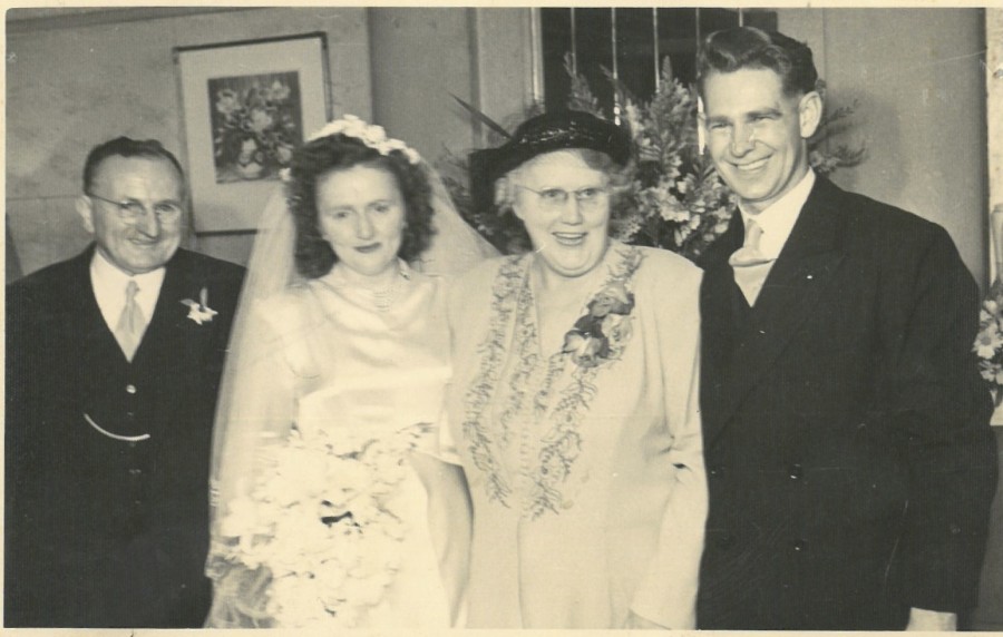 Vincent Ridge, Barbara Mahony, Gertrude Ridge and Rex Mahony (Barbara and Rexs' Wedding Day, 1947)