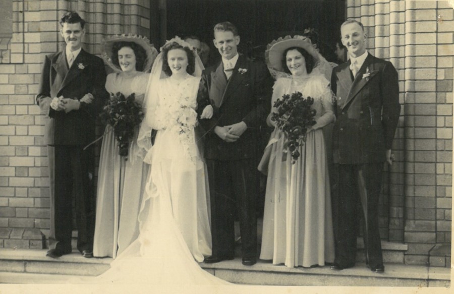 Barbara and Rex Mahonys' Wedding Day, 1947 (L to R: Ted Moore, Helen Ridge, Barbara Mahony, Rex Mahony, Betty Duggan, Neil Duggan) 