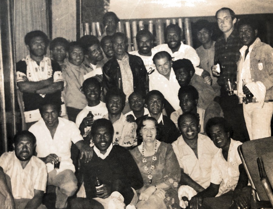 Brothers Rugby League Football Club at the Goroka Hotel, 1972. A tribute to Mr and Mrs Jack Smith who attended all Brothers' games. Jack was nearing the end of his tenure as Postmaster at Goroka. Jack can three rows back in the centre and Mrs Smith is fro