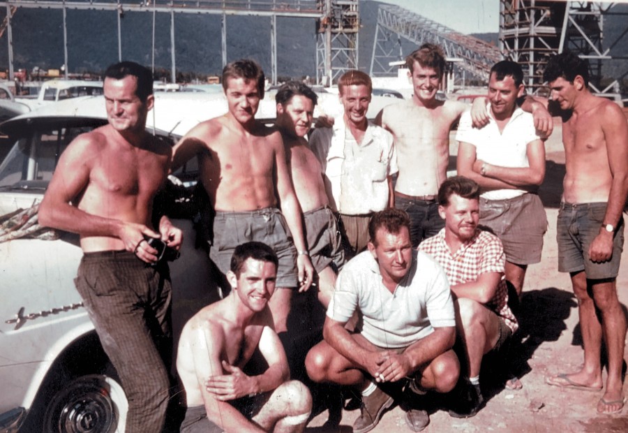 Mc Namee Industries Crew on the Cairns Sugar Terminal, 1964. From far right: Tony Packham (Good to be on the right side off), unknown, Freddy, Lawrie Annetts (boss of the crew who I later met in my role in Pyrotenax, working in Sydney. Lawrie was employed at that time with Sabin Electrical) <br />
- Photo by Doug Nye.