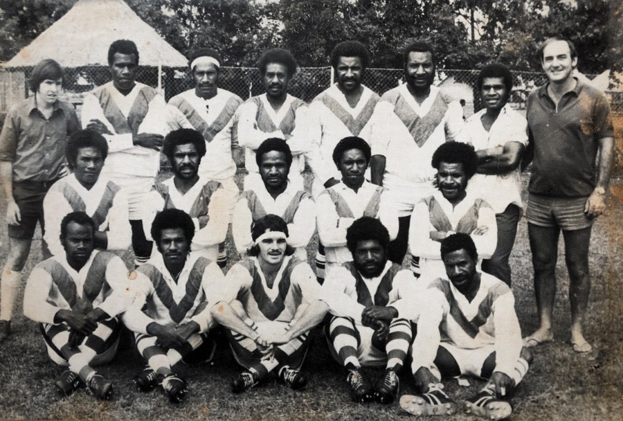 Goroka Representative Rugby league Team at Goroka Showground (Sir Danny Lee Oval, 1970). Front row with headband - Harry Minz (Capt). Doug Nye (Coach - Back row, far right)