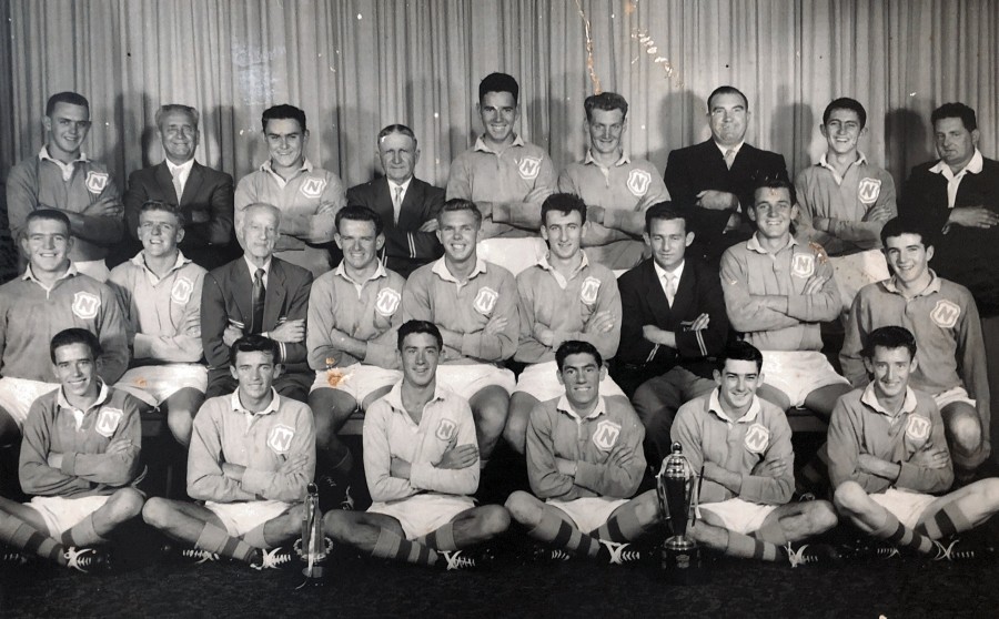 Northern Suburbs U18s rugby League Football Team. Minor and Major Premiers (1958). back row from left: Bruce Lovitt, Jeff Parsemore Jnr (Coach), John Mitchell, Jack Parsemore Snr (President), Don, Frank Jarmon, Mr Scream, John Handlin', George Jarmin (manager). 2nd row from left: Mick Carlin (deceased), John 'Nipper' Parsemore, Norm Frith (Secretary), unknown, Jimmy Price, Paul 'Pussy' Island, Tommy (Coach), Doug Nye, Brian Askey. Front row from left: Keith Grant (Had a permanent place with the Newcastle Jnr sides up until prematurely retired. Alan Buman came long, who later played against the Englishman for Australia), Gary Mace, unknown, Ronny Parrot, Ross Hatfield, John Anderson.