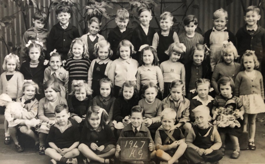 Wickham Primary School - Kindergarten (1947).  Doug Nye back row, far right (to his left in order Alan Russell, John Elbourne, Terry Wakeham, Kevin Robbs,  Errol, (Warren Brown holding the sign)
