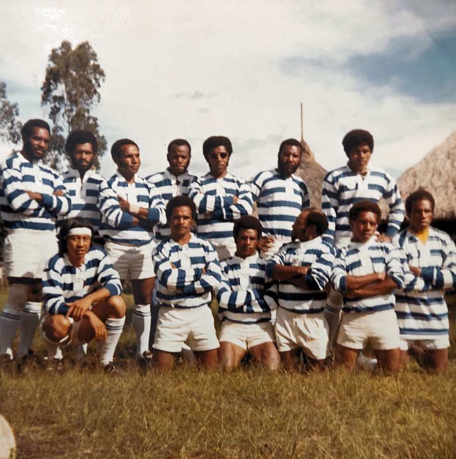 'Coaching in PNG' Brothers Rugby League Football Club - 1970 Back row from left: Malcolm Culligan, Paul Kombinarie, Imony Lapiso, Martin Landau, unknown, Paddy Finigan, Gabriel Aihi. Fron from left: Richard Seto, Peter Ocker, Dos Pungal, Roy Opus (aka als