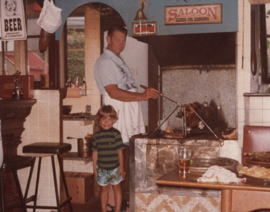 Dad and Adam in the taven, marinating the pork